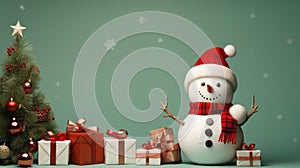 Christmas banner with blank space for text, snowman celebrate with giftboxes, fir tree branches and red ornaments green background