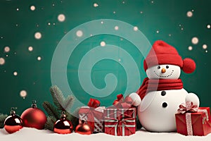 Christmas banner with blank space for text, snowman celebrate with giftboxes, fir tree branches and red ornaments green background