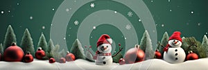 Christmas banner with blank space for text, snowman celebrate with giftboxes, fir tree branches and red ornaments green background