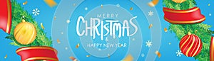 Christmas banner. Blue Christmas background with christmas balls, snowflakes and gold confetti. Horizontal christmas poster, gree