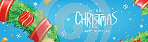 Christmas banner. Blue Christmas background with christmas balls, snowflakes and gold confetti. Horizontal christmas poster, gree