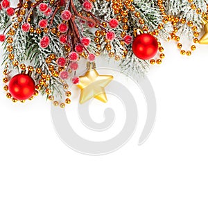 Christmas banner card. Xmas decor isolated on white background. Festive garland border with hanging balls and stars