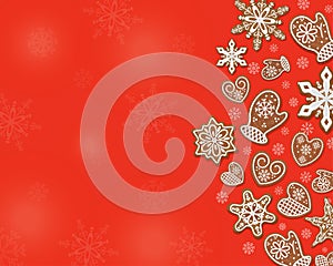 Christmas banner with a corner border of Christmas ginger cookies on a red background