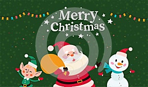 Christmas banner with cute happy winter characters. Santa Claus, snowman, elf and text Merry Christmas greeting.