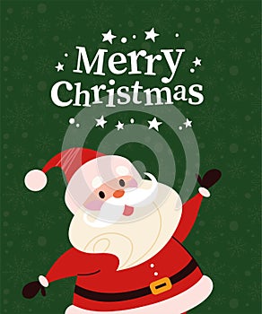 Christmas banner with cute happy winter Santa Claus character and text Merry Christmas greeting on green snowy background.