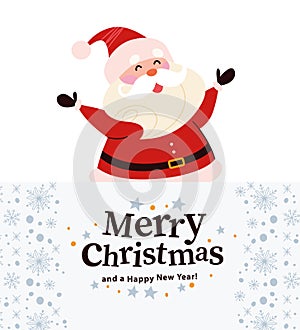 Christmas banner with cute happy winter Santa Claus character and text Merry Christmas greeting on white snowy background.
