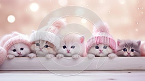Christmas banner with cute kittens. Group cats above white banner looking at camera. Pink Christmas signboard or gift