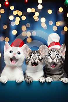 Christmas banner with cute kittens. Group cats with red Santa hats above white banner looking at camera. Christmas