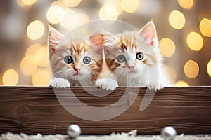 Christmas banner with cute kittens. Group cats with red Santa hats above white banner looking at camera. Christmas