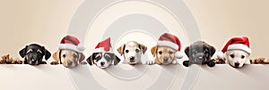 Christmas banner with cute puppy. Group of dogs with red Santa hats above white banner looking at camera. Christmas