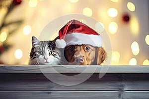 Christmas banner with cute puppy and kitten. Cat and dog with red Santa hat above wooden background looking at camera