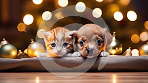 Christmas banner with cute puppy and kitten. Group of dog and cat above wooden banner looking at camera. Christmas