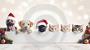 Christmas banner with cute puppy and kittens. Group of dogs and cats with red Santa hats above white banner looking at