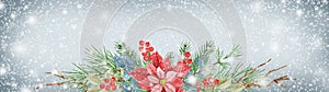 Christmas banner with decorative  ornament with poinsettia, greenery, spruce, pine tree twig and holly berries against background