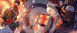 Christmas banner design - little girl with presen on the festive street, comic anime character, cartoon style