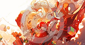 Christmas banner design - little girl with present, lights, new year, comic anime character, cartoon style