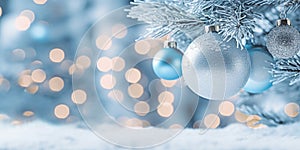 Christmas banner with elegant blue bauble ornaments hanging on snow covered tree