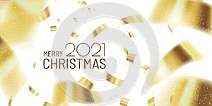 Christmas banner with falling golden confetti. Horizontal Christmas poster, greeting cards, headers, website. Bright