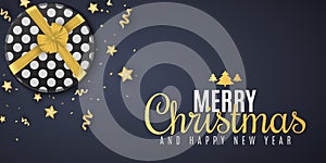 Christmas banner. Golden stars with confetti and serpentine. Gift box with bow. Stylish lettering. Greeting card. Vector