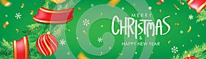 Christmas banner. Green Christmas background with christmas balls, snowflakes and gold confetti. Horizontal christmas poster, gre