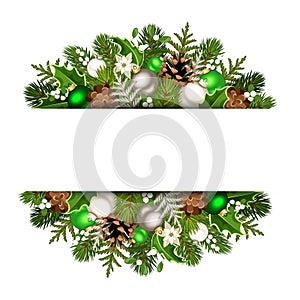 Christmas banner with green and silver fir branches, balls, cones, holly and mistletoe. Vector eps-10