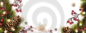 Christmas banner or greeting cards design. Background Xmas of sparkling lights garland, with holidays gifts and Christmas tree