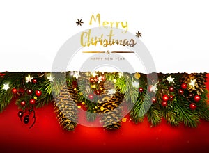 Christmas banner or greeting cards design. Background Xmas of sparkling lights garland, with holidays gifts and Christmas tree