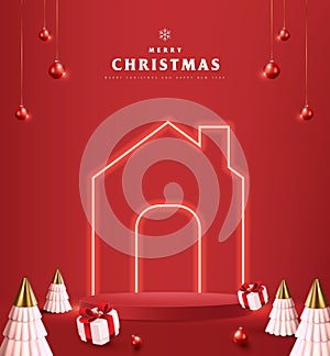 Christmas banner home icon with neon flex and product display cylindrical shape