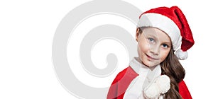 Christmas Banner with Little Girl Smiling. on White Background with copy Paste. Red Hat.