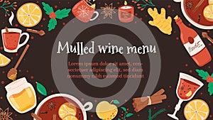 Christmas banner for menu with mulled or hot wine ingredients, vector illustration.