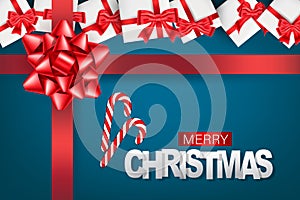 Christmas banner. Merry Xmas holiday background design. Candy cane, white gift boxes with red bows, and lettering.