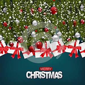 Christmas banner, Merry Xmas holiday background design. Fir tree branches with red and white balls and presents