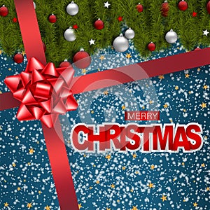 Christmas banner, Merry Xmas holiday background design. Fir tree branches with red and white balls and stars.