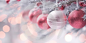 Christmas banner with pink and silver frosted tree bauble ornaments and snow covered tree