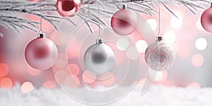 Christmas banner with pink and silver tree bauble ornaments and snow covered tree