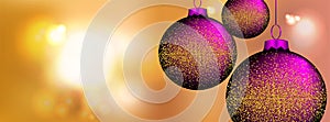 Christmas Banner with purple christmas balls and sparkle lights - vector
