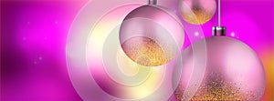 Christmas Banner with purple christmas balls and sparkle lights - vector