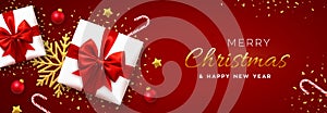 Christmas banner. Realistic white gift boxes with red bow, gold stars, shiny golden snowflake, balls and candy canes. Xmas red