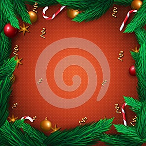 Christmas banner on red background with spruce tree branches, candies, stars. Vector illustration
