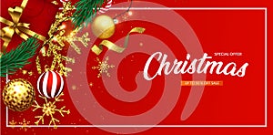 Christmas banner. Red background Xmas design of sparkling lights garland, with snowflake and glitter confetti. Horizontal