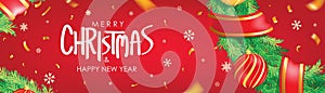 Christmas banner. Red Christmas background with christmas balls, snowflakes and gold confetti. Horizontal christmas poster, greet