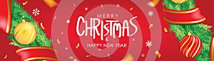 Christmas banner. Red Christmas background with christmas balls, snowflakes and gold confetti. Horizontal christmas poster, greet