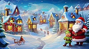 Christmas banner Santa Claus, reindeer, and elves in a festive North Pole village, AI generated