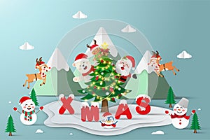 Christmas banner of Santa Claus and snowman at the snow mountain, Paper cut illustration