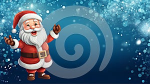 Christmas banner Santa pleased gesture on bright glitter blue background illustrate by Generative AI
