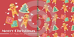 Christmas banner and seamless pattern of ginger bread in boy, Christmas tree and gift boxes shape