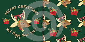 Christmas banner and seamless pattern of reindeer with Joy text flag and gift box