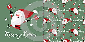 Christmas banner and seamless pattern of Santa Claus with gift boxes and stars