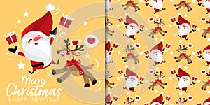 Christmas banner and seamless pattern of santa clause with gift boxes and reindeer