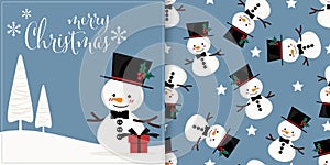 Christmas banner and seamless pattern of snowman wear black hat decorated with holly berry branch